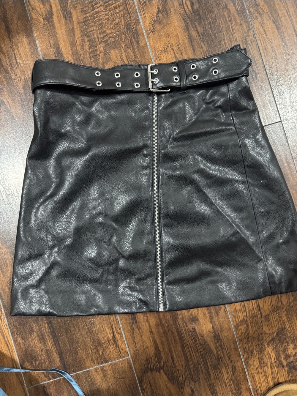 Black Faux Leather Mini Skirt with Belt and Front Zip